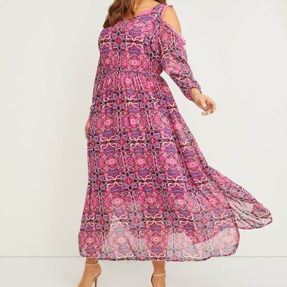 Lane Bryant Bohemian Cold Shoulder Pink Paisley Maxi Dress